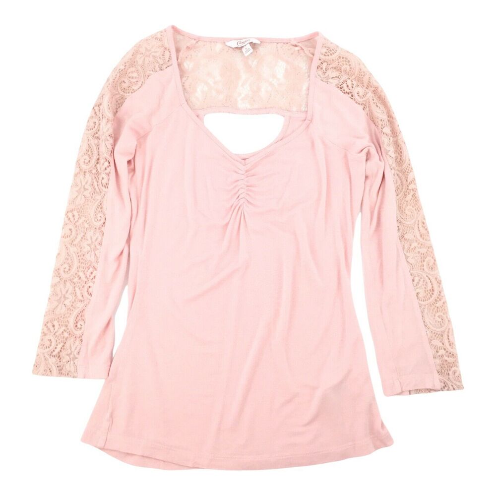 Candies Long Sleeve Lace Panel Sleeve V Neck Top Size Small Womens Light Pink S